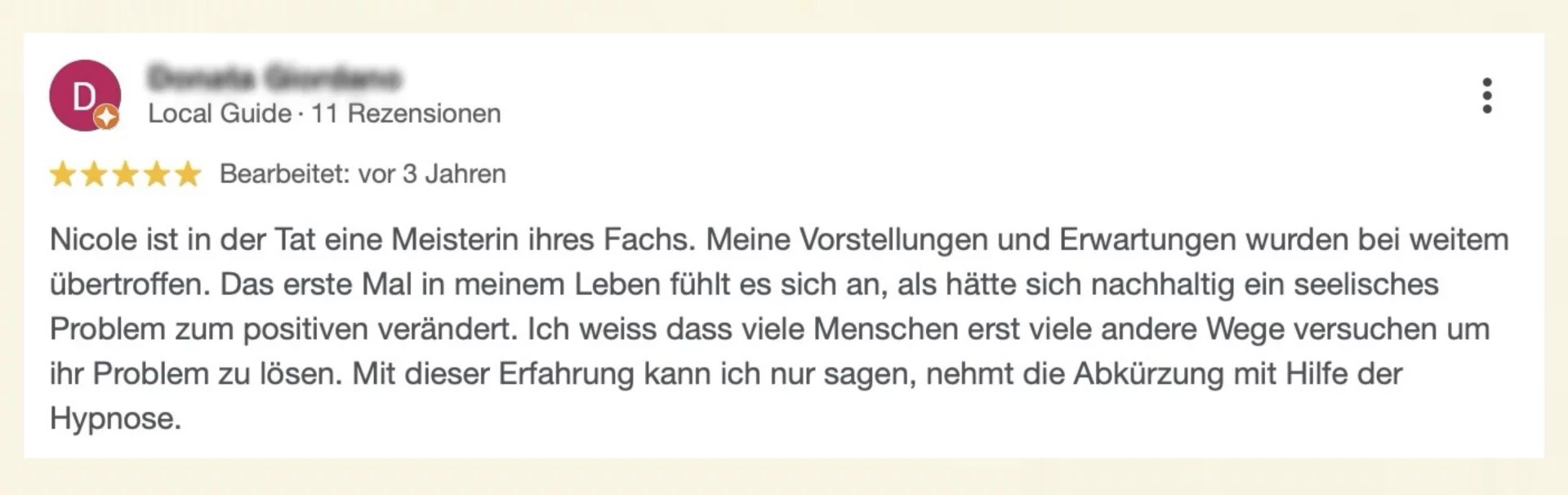 Google-Rezension über medizinische Hypnose bei Nicole Wackernagel, Hypnosetherapeutin im Hypnosecenter Vita Libera Frauenfeld – echte Erfahrung einer Klientin mit Hypnosetherapie.