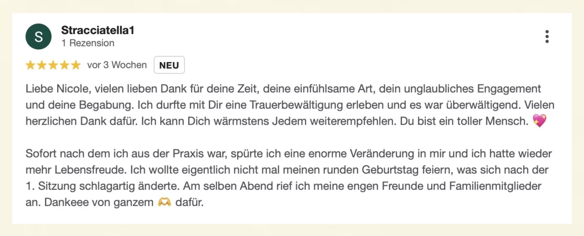 Google-Rezension über medizinische Hypnose bei Nicole Wackernagel, Hypnosetherapeutin im Hypnosecenter Vita Libera Frauenfeld – echte Erfahrung einer Klientin mit Hypnosetherapie.