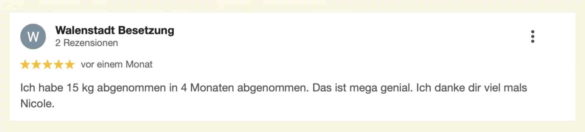 Google-Rezension über medizinische Hypnose bei Nicole Wackernagel, Hypnosetherapeutin im Hypnosecenter Vita Libera Frauenfeld – echte Erfahrung einer Klientin mit Hypnosetherapie.