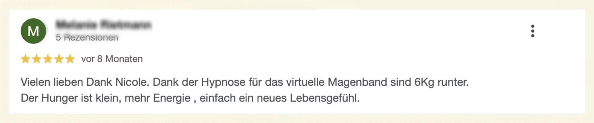 Google-Rezension über medizinische Hypnose bei Nicole Wackernagel, Hypnosetherapeutin im Hypnosecenter Vita Libera Frauenfeld – echte Erfahrung einer Klientin mit Hypnosetherapie.