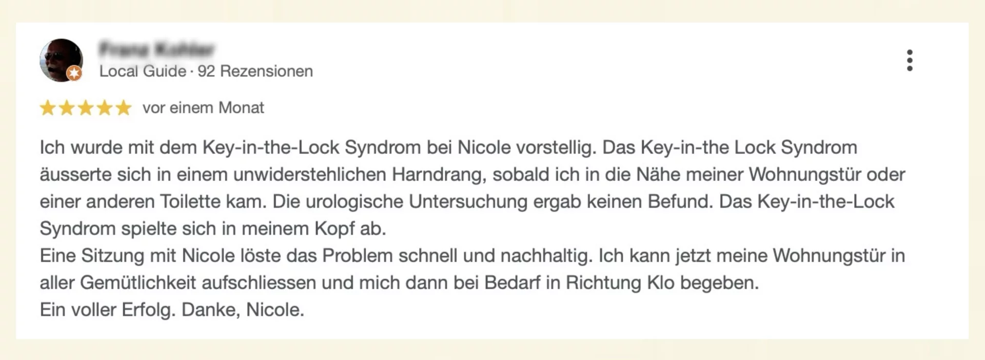 Google-Rezension über medizinische Hypnose bei Nicole Wackernagel, Hypnosetherapeutin im Hypnosecenter Vita Libera Frauenfeld – echte Erfahrung einer Klientin mit Hypnosetherapie.