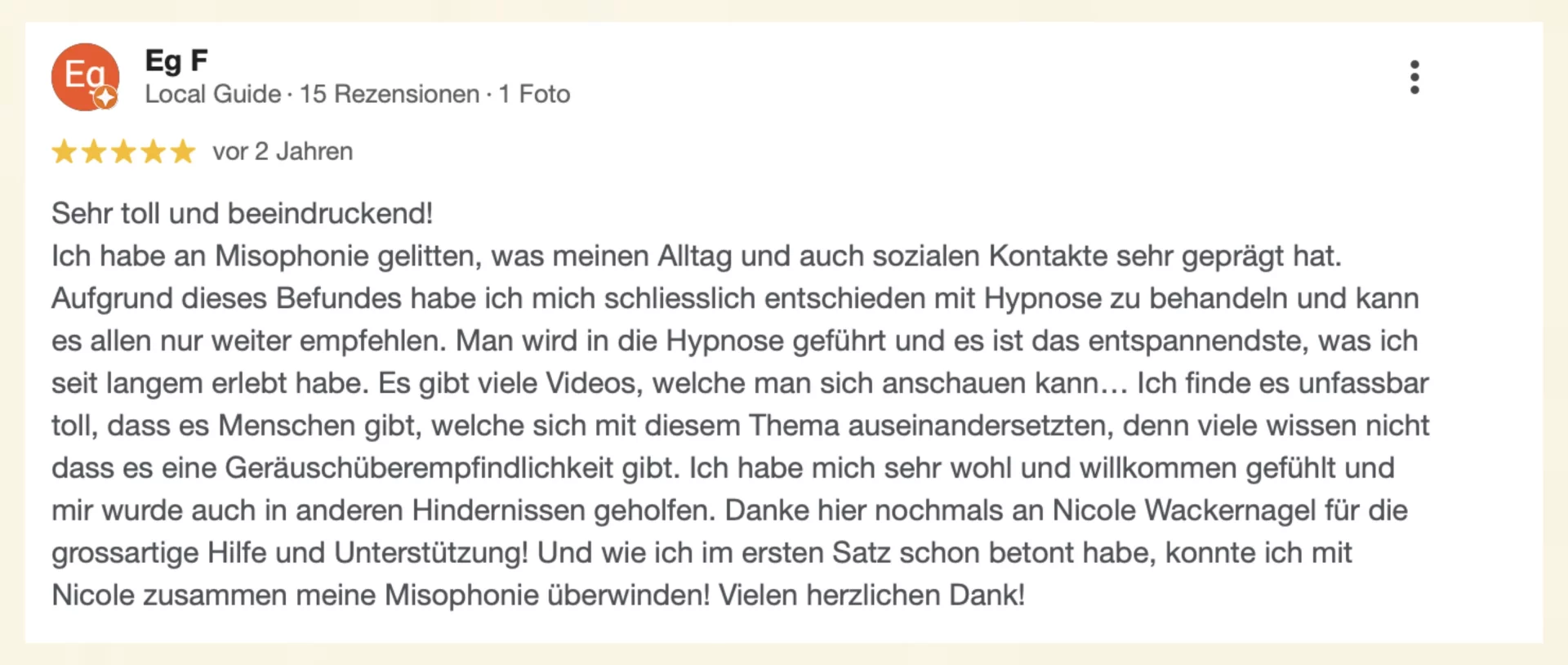 Hypnosetherapie Erfahrungen mit medizinischer Hypnose bei Nicole Wackernagel, Vita Libera Frauenfeld – echte Google-Rezension einer Klientin über positive Ergebnisse der Hypnosetherapie.