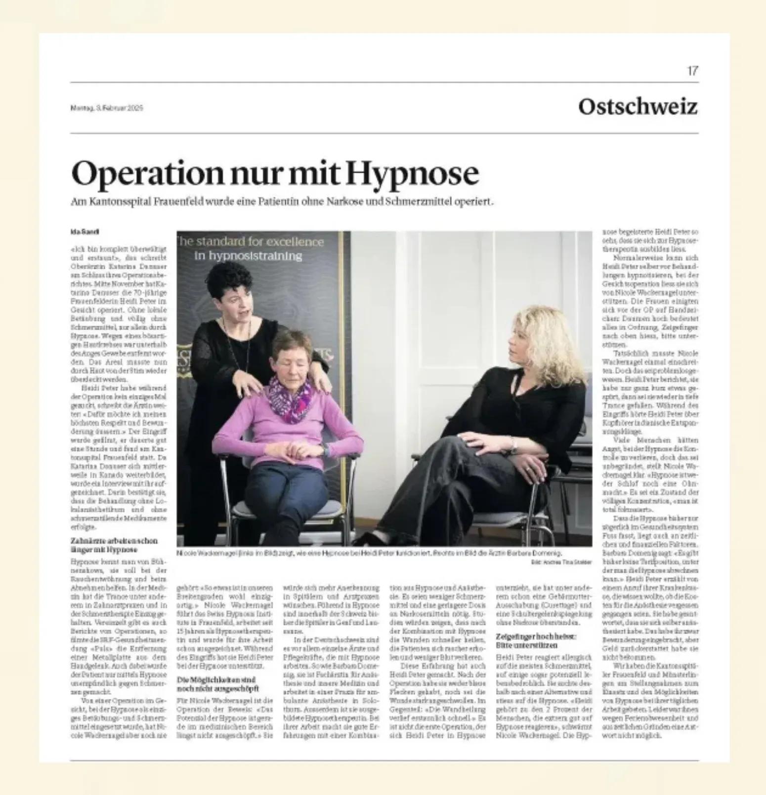 Nicole Wackernagel im Interview zur medizinischen Hypnose mit einer Patientin und einer Anästhesistin in Frauenfeld