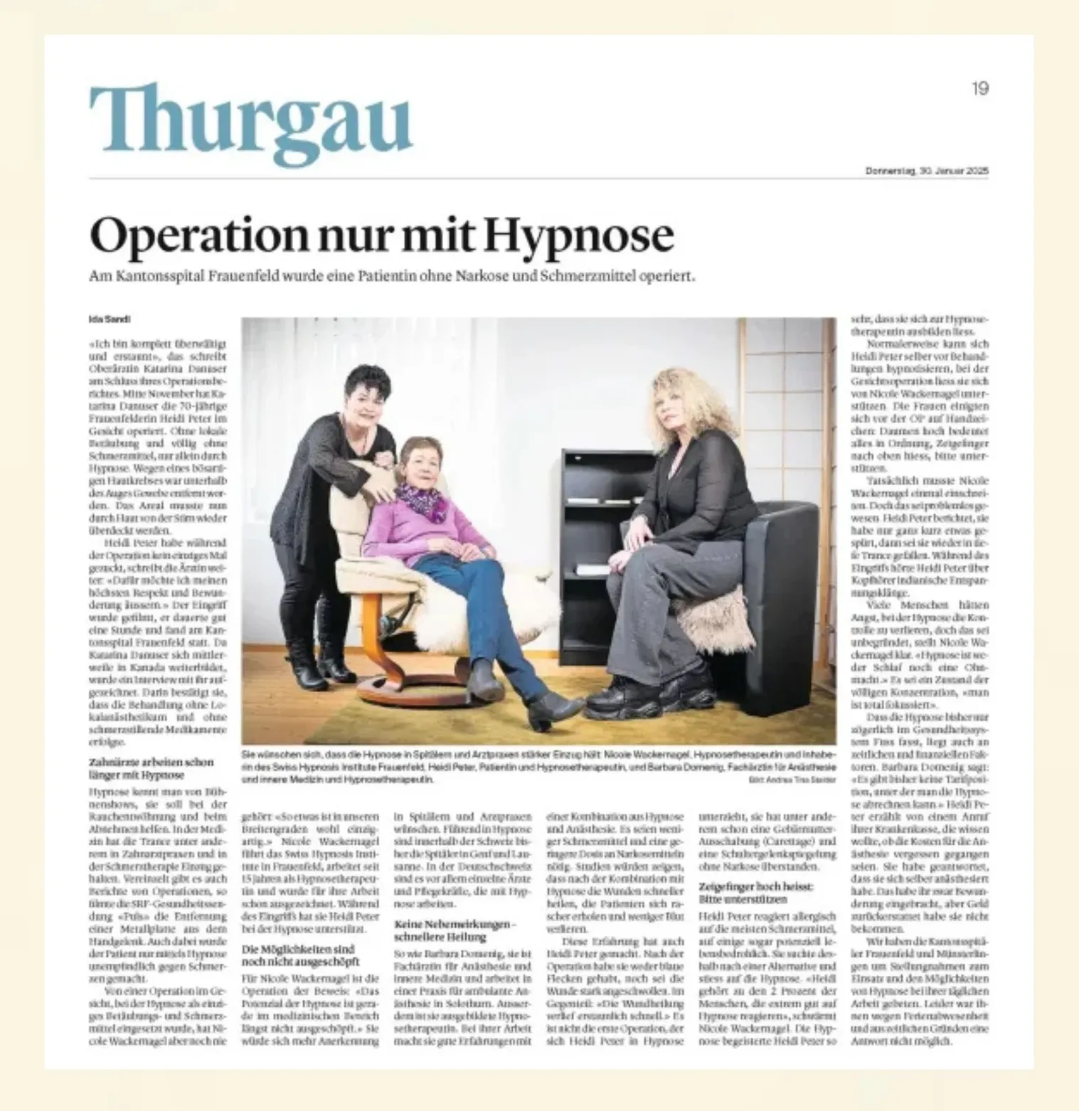 Nicole Wackernagel im Interview zur Operation nur mit Hypnose mit einer Patientin und einer erfahrenen Anästhesistin in Frauenfeld