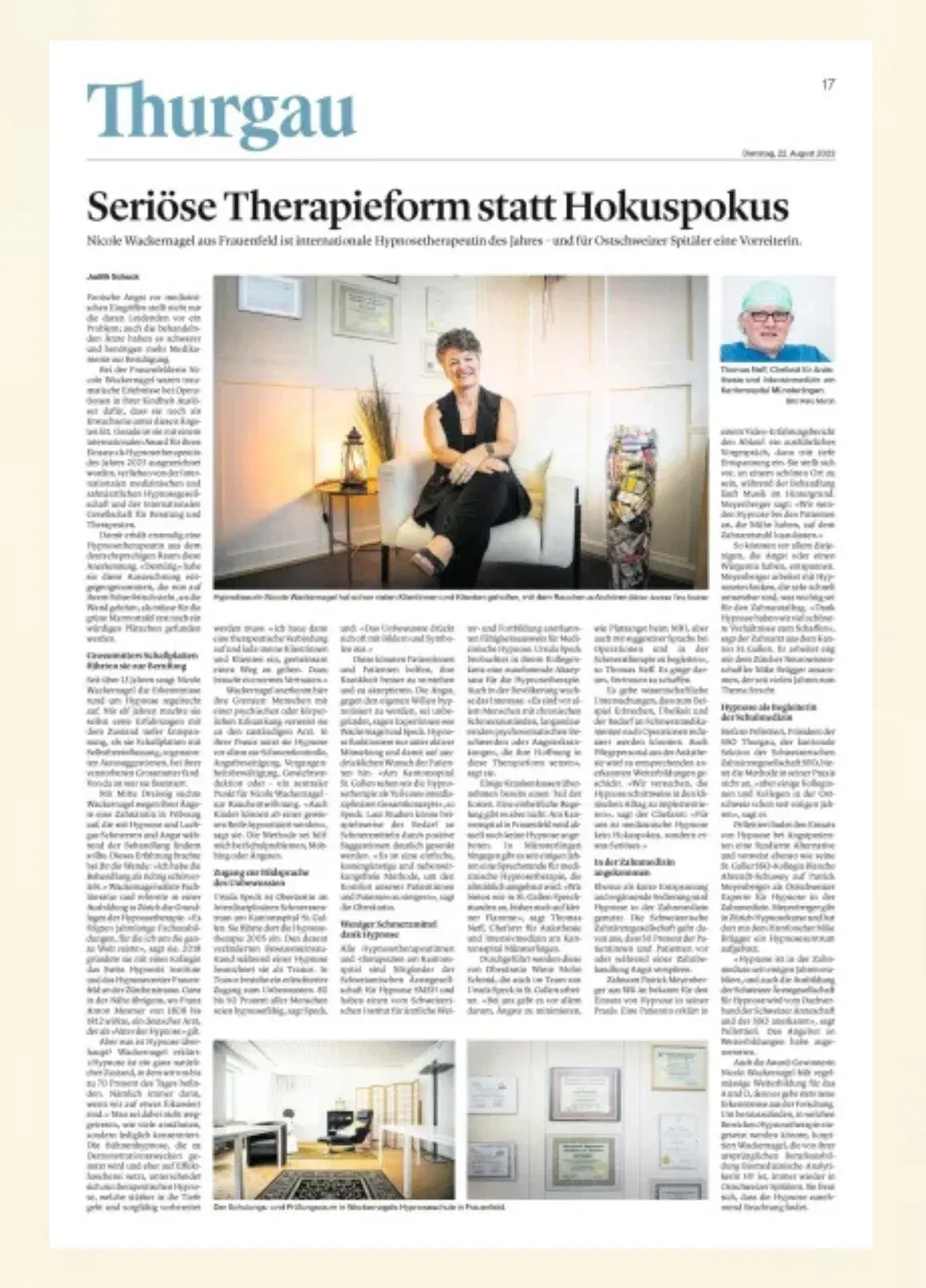 Zeitungsbericht von Thurgauer Zeitung und St. Galler Tagblatt über Nicole Wackernagel und die Auszeichnung Hypnosetherapeutin des Jahres 2023
