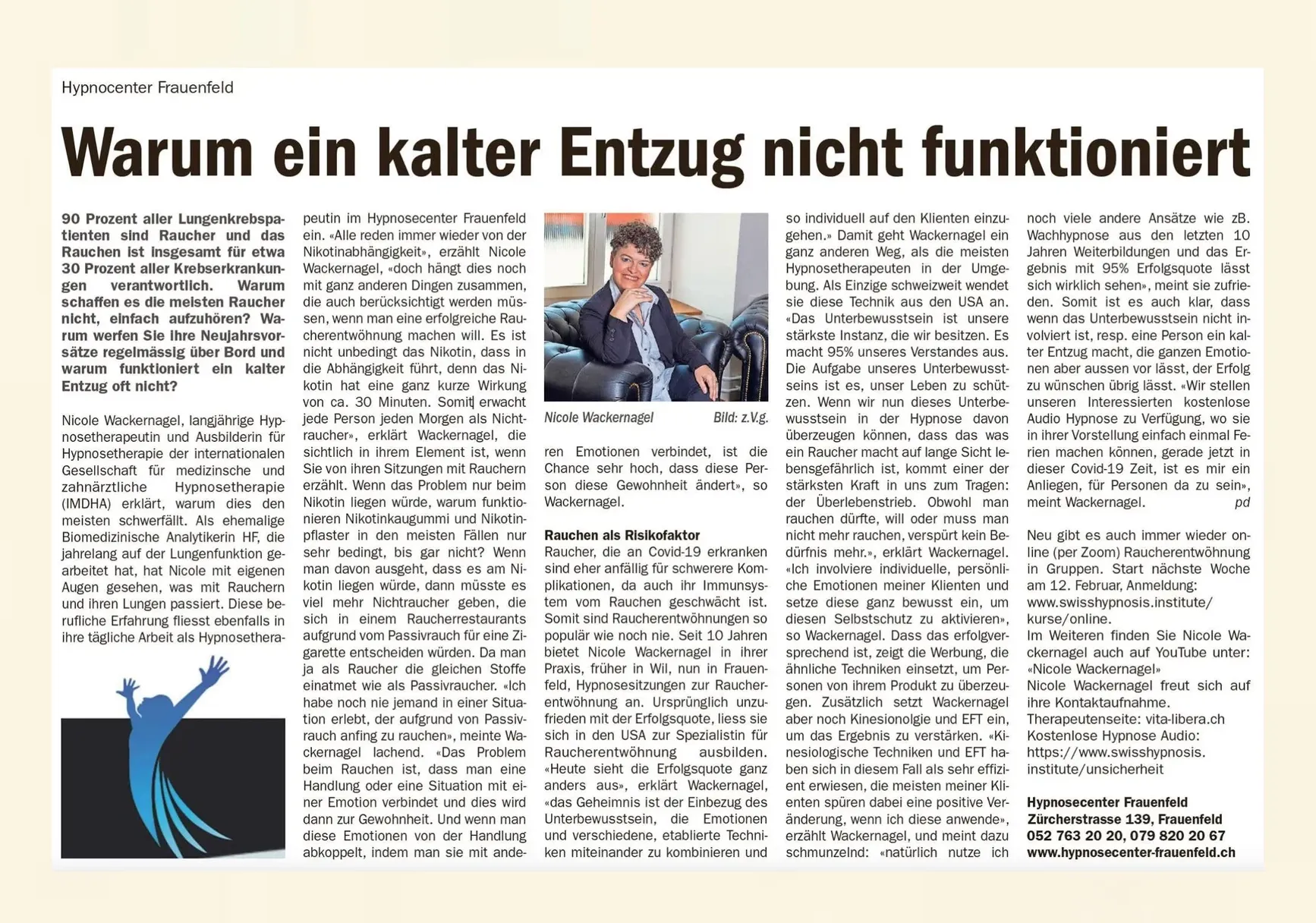 Zeitungsartikel von Swiss Regio Media über kalten Entzug und warum dieser häufig nicht funktioniert – fachlich eingeordnet aus hypnotherapeutischer Sicht bei Vita Libera