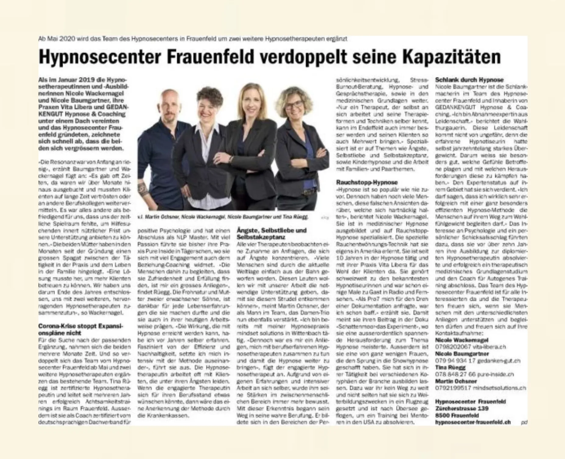 Zeitungsbericht über die Kapazitätserweiterung des Hypnosecenter Frauenfeld während der Corona-Krise 2020