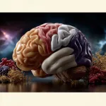 Darstellung zentraler Hirnareale wie präfrontaler Kortex, limbisches System und Hypothalamus im Zusammenhang mit stressbedingtem Essverhalten und Gewichtsregulation.