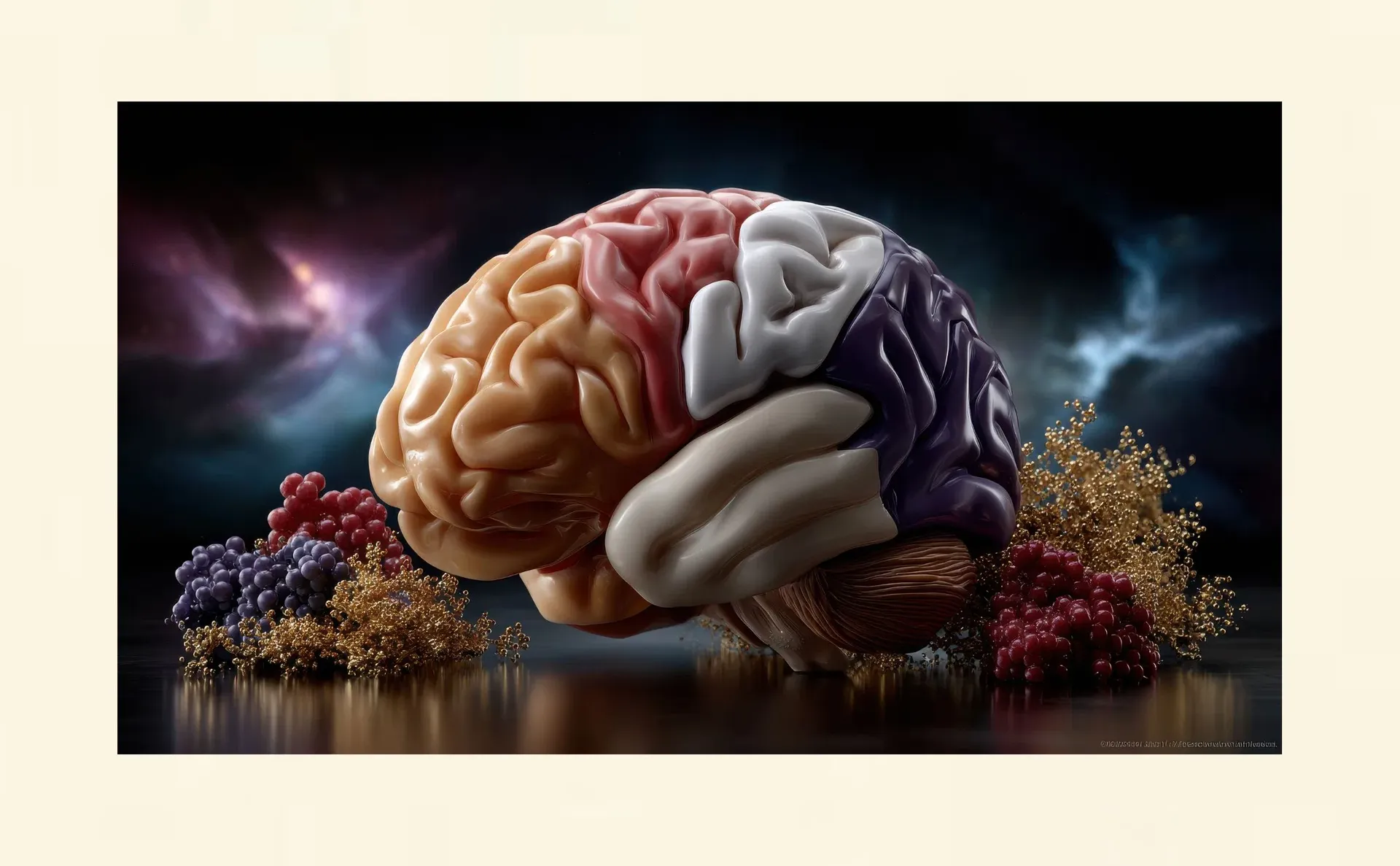 Darstellung zentraler Hirnareale wie präfrontaler Kortex, limbisches System und Hypothalamus im Zusammenhang mit stressbedingtem Essverhalten und Gewichtsregulation.