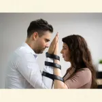 Paar ist miteinander verbunden und stösst sich gleichzeitig ab als Symbol für herausfordernd erlebte Nähe in Beziehungen